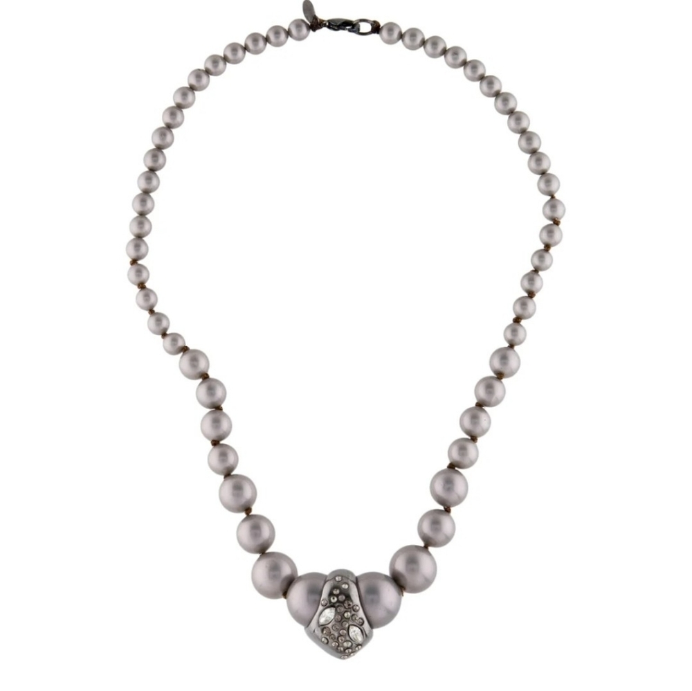 Alexis Bittar Faux Silver Pearl and Crystal Beads Strand Necklace 16.5 Inches